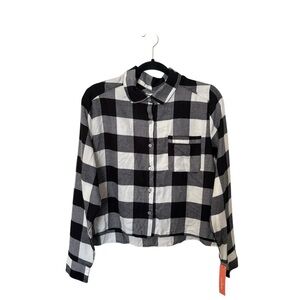 Colsie Medium‎ Black White Plaid Cropped Button Front Women Top NWT